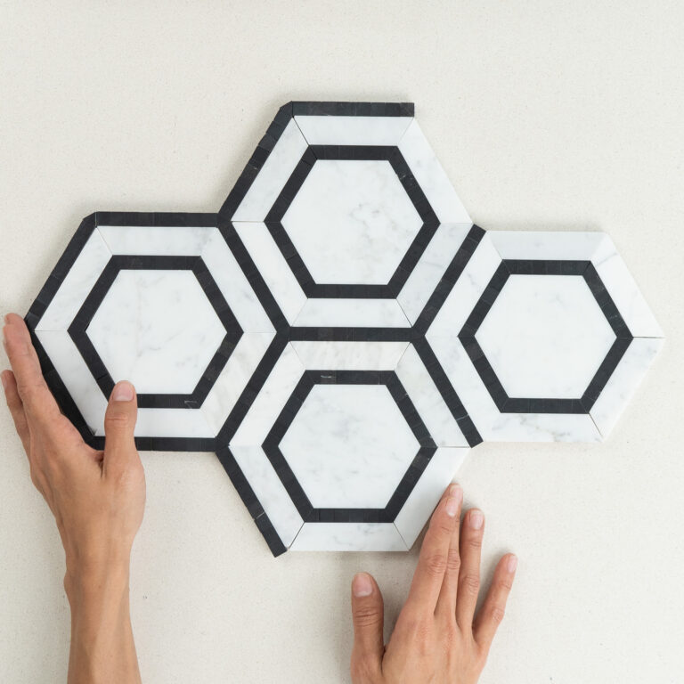 Hexagon Carrara With Nero Border Marble Mosaic