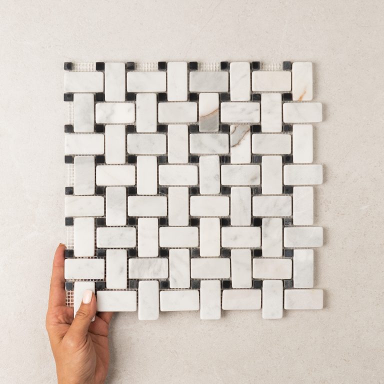 Basketweave Carrara + Nero Dot Tumbled Marble Mosaic