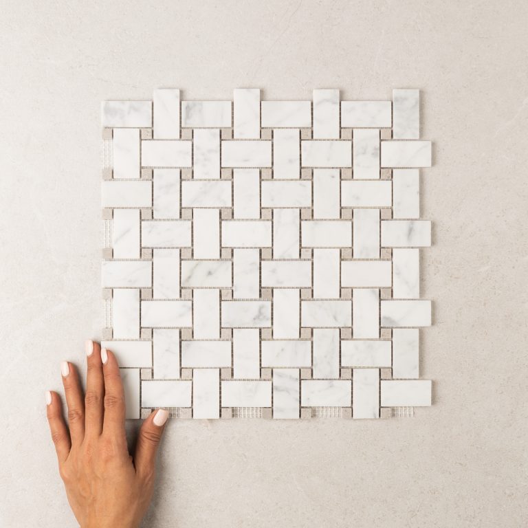 Basketweave Carrara + Cinderella Grey Dot Honed Marble Mosaic