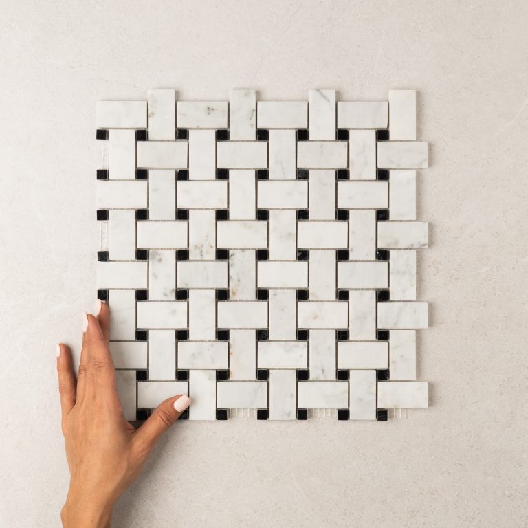 Basketweave Carrara + Nero Dot Honed Marble Mosaic