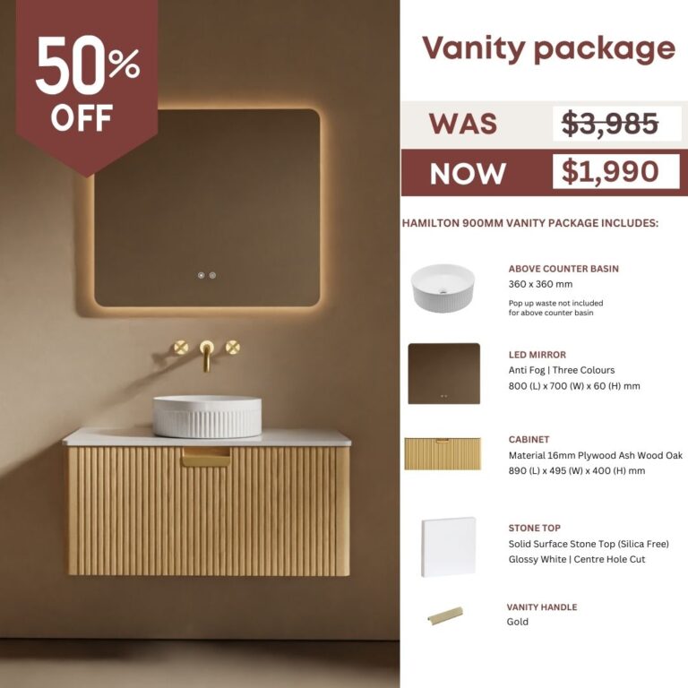 Hamilton Modern Wall Hung Vanity Mirror Basin Package 900 mm